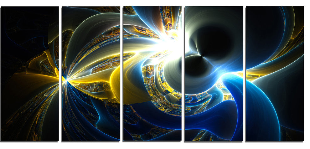 Glowing Blue Yellow Plasma, Abstract Wall Art Canvas, 60"x28", 5 Panels
