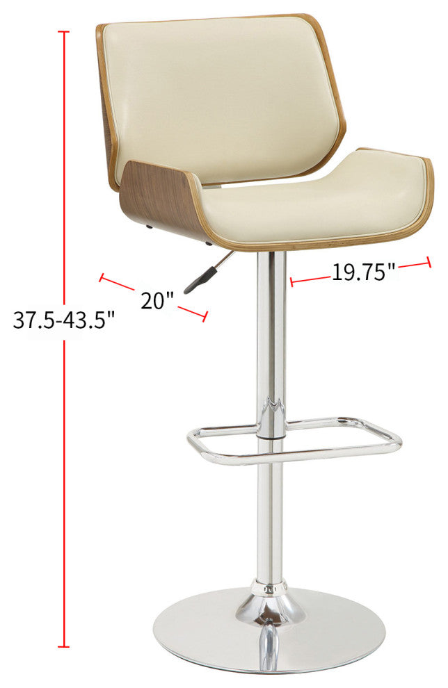 Faux Leather Adjustable Height Bar Stool, Ecru and Chrome