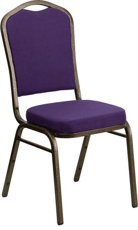 Crown Back Stacking Banquet Chair in Purple Fabric - Gold Vein Frame