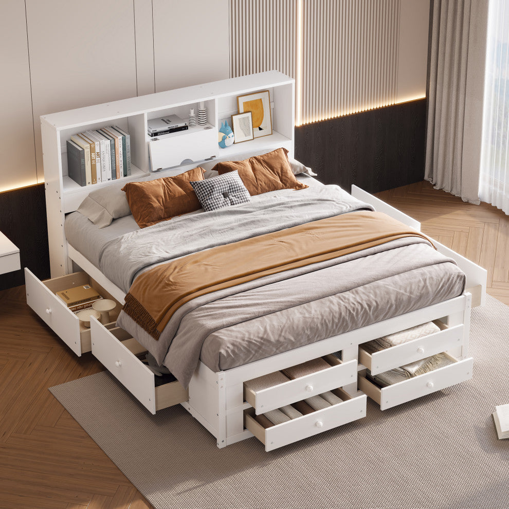 Gewnee King Size Platform Bed with Storage Headboard and 8 Drawers