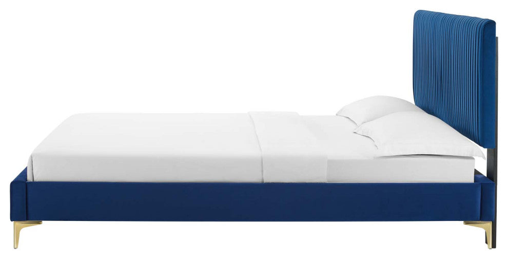 Platform Bed Frame, King Size, Velvet, Blue Navy, Modern Contemporary, Bedroom