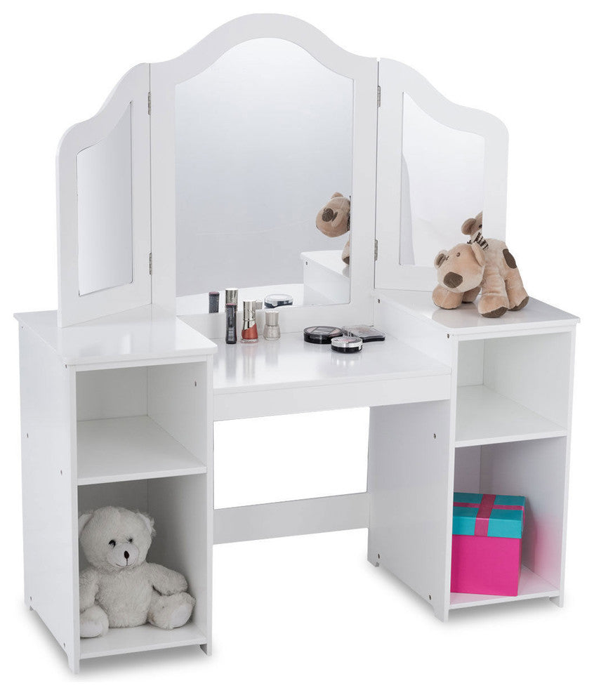 Costway Vanity Table Set Makeup Dressing Kids Girls Study Table Folding Mirror