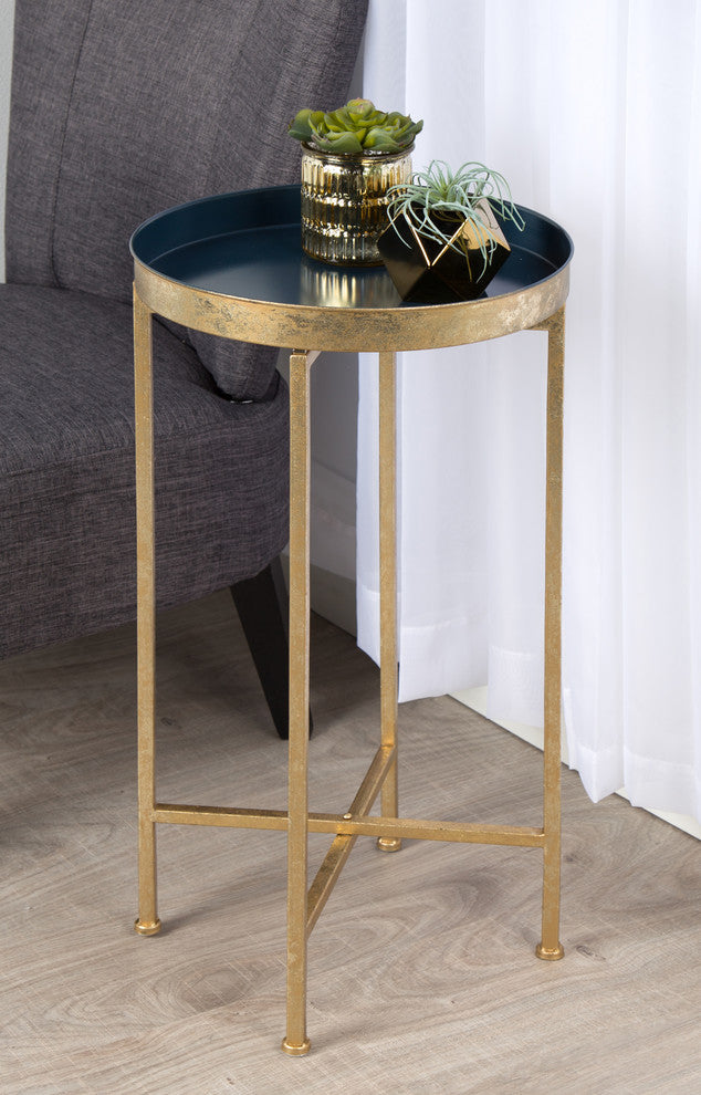Kate and Laurel Celia Round Metal Foldable Tray Accent Table, Gold and Navy Blue
