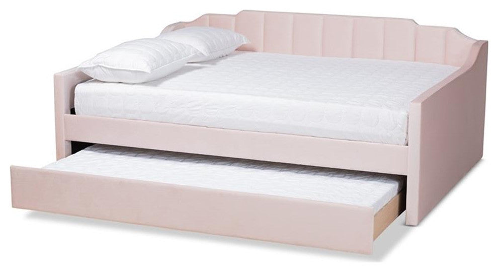 Baxton Studio Lennon Pink Velvet Full Size Daybed with Trundle