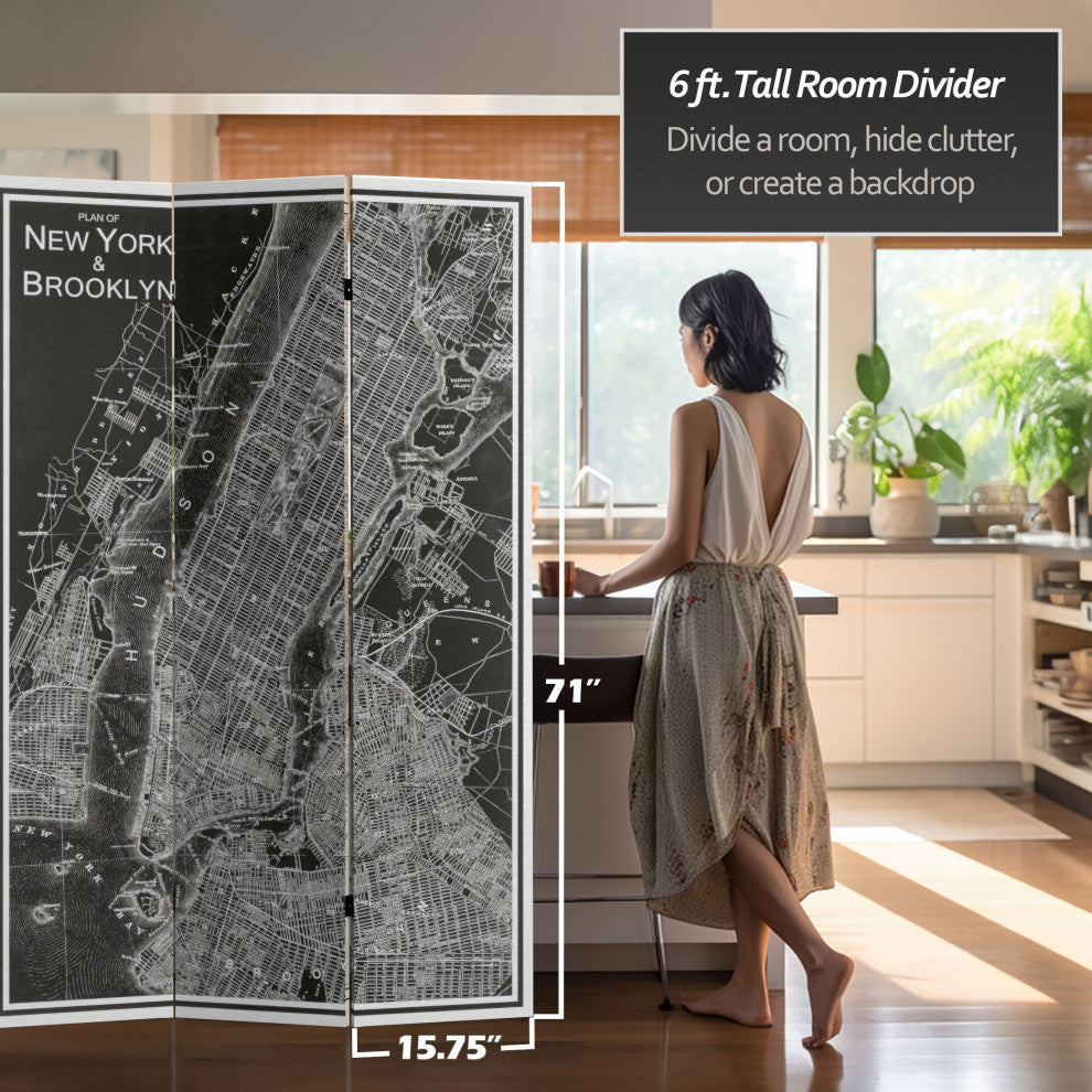 6'' Tall Double Sided Map of New York Canvas Room Divider