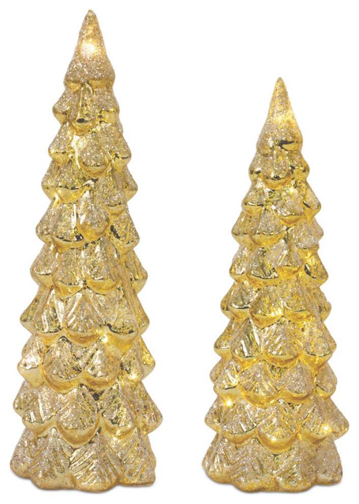 LED Glittered Glass Tree Decor, 2-Piece Set