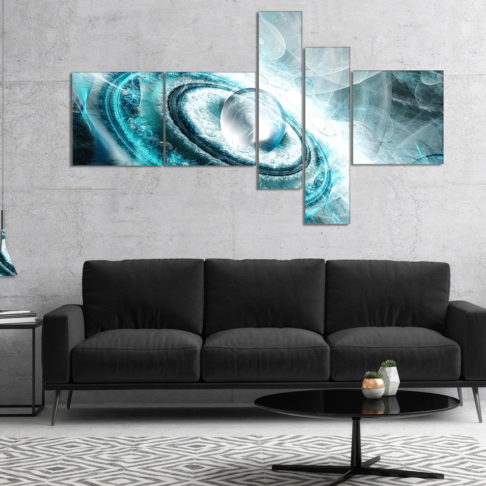 Blue Fractal Flying Saucer, Floral Canvas Art Print, 60"x32", 5 panels