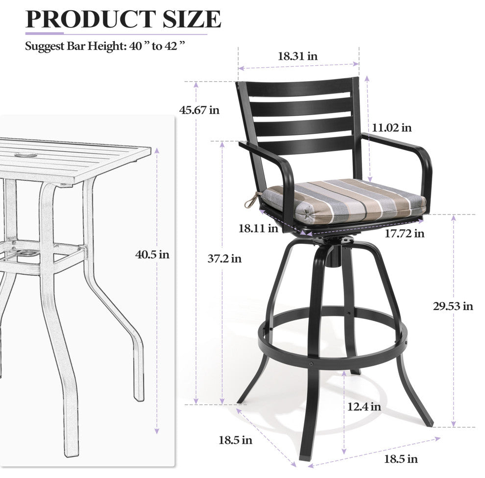 2PCS Patio Bar Stools Set Cast Aluminum Swivel with Sunbrella Seat Cushion, Mila