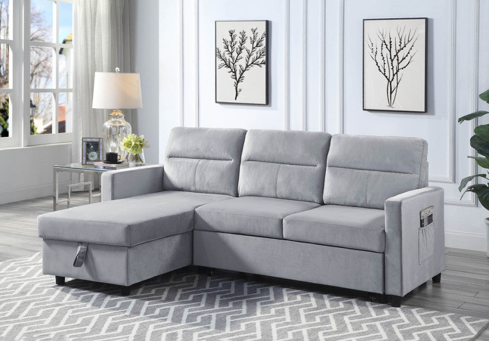 Ivy Light Gray Velvet Reversible Sleeper Sectional Storage Chaise SidePocket