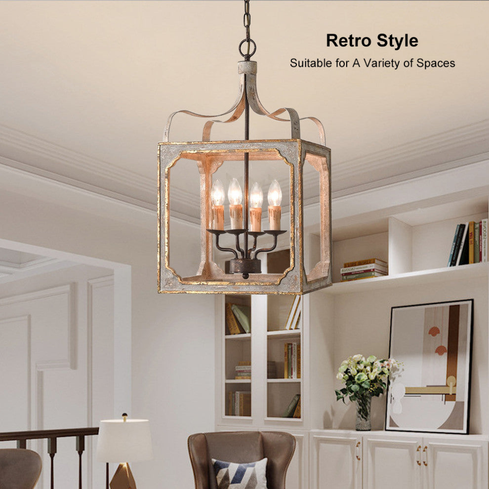 4-Light Lantern Chandelier Square Candelabra Pendant Light, Antique Gray