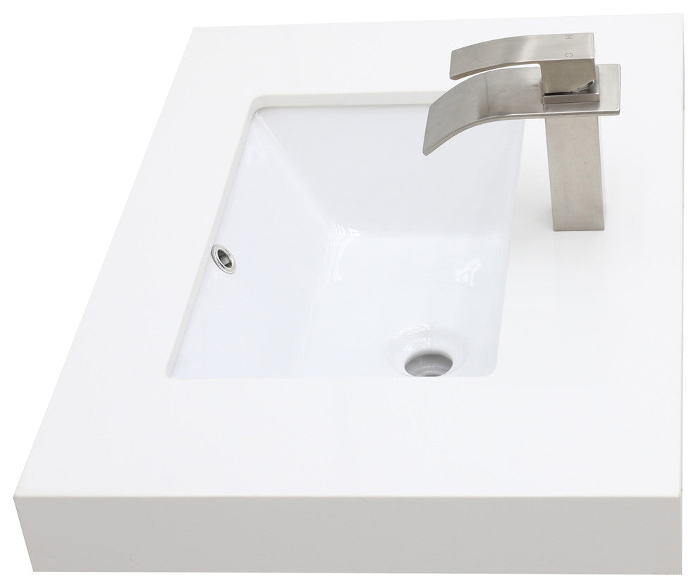 30" Wall Mount Vanity, White Quartz Undermount Top, White Embossed Texture