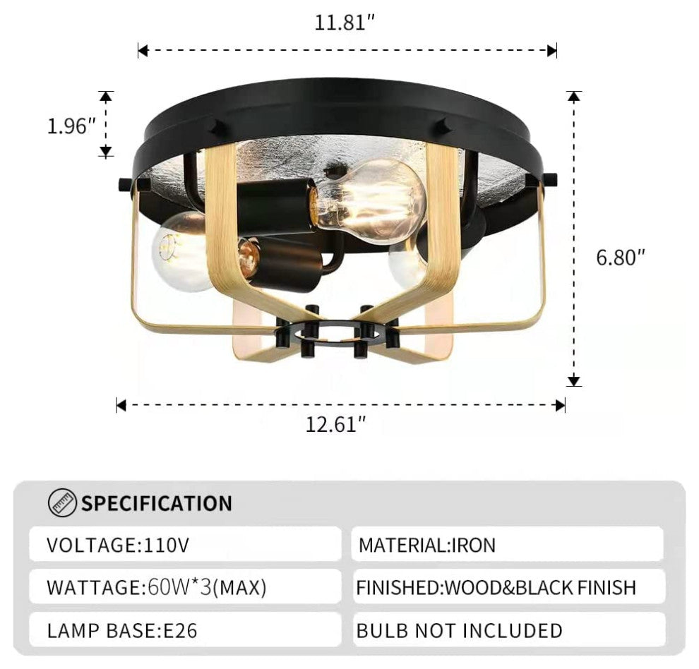 Industrial Semi Flush Mount Ceiling Light, 3 Light, Cage, Farmhouse, Black