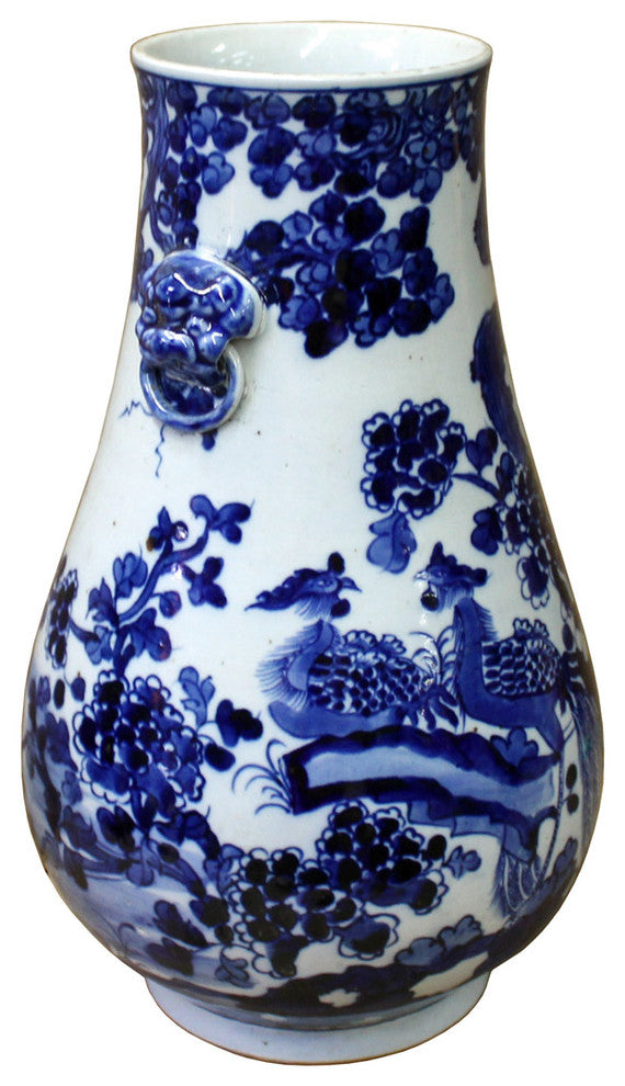 Consigned, Chinese Blue White Porcelain Flower Birds Graphic Vase