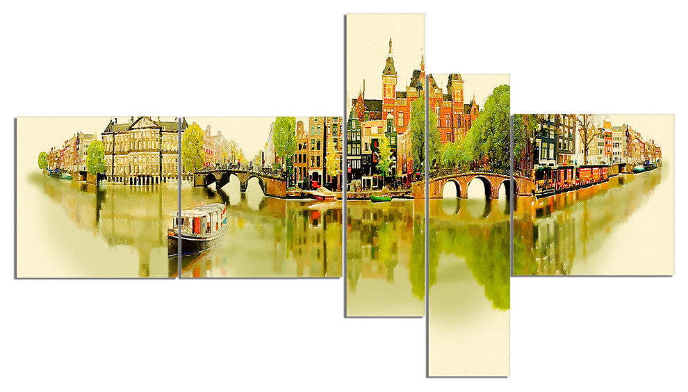 Amsterdam Panoramic View, Cityscape Watercolor Canvas Print, 60"x32", 5 panels