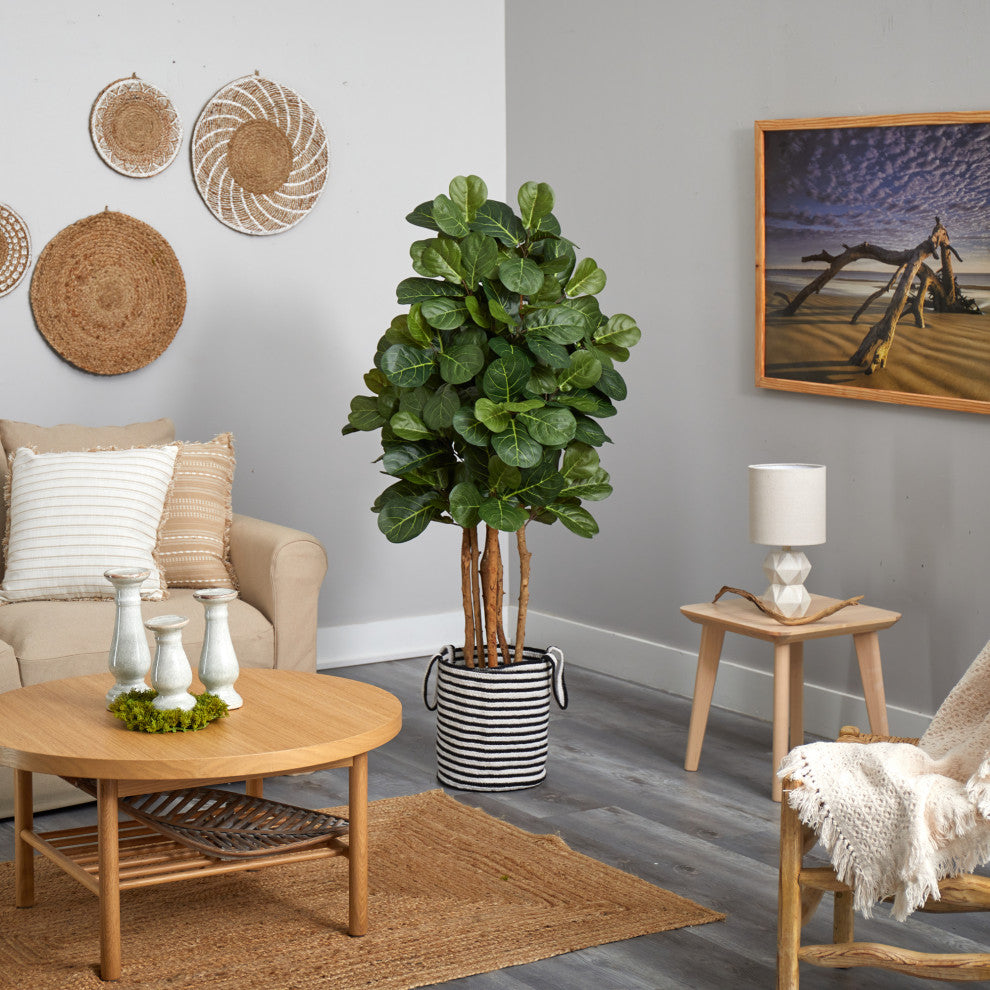 5' Fiddle Leaf Fig Faux Tree, Handmade Black & White, Jute & Cotton Planter