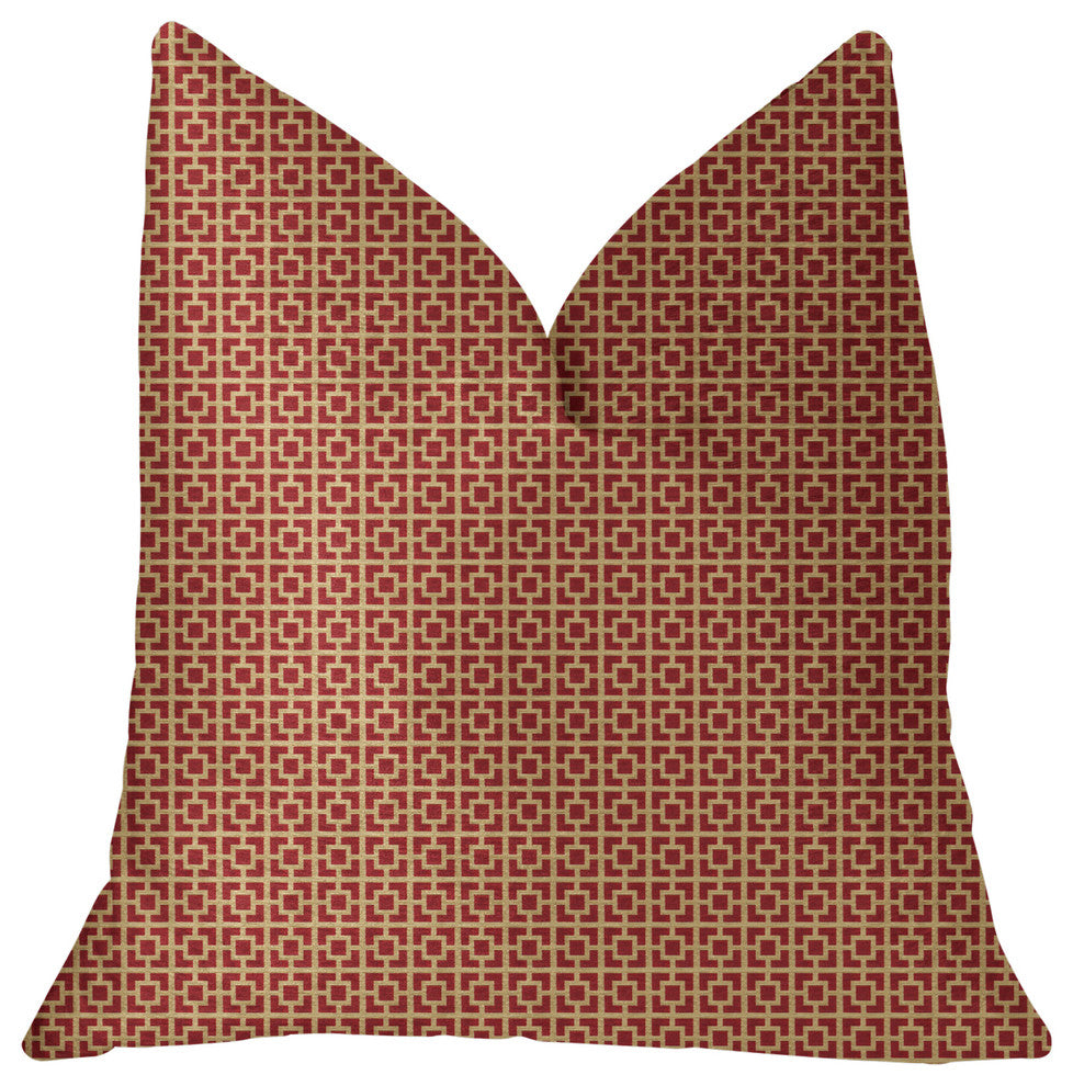 Crimson Square Red and Beige Luxury Throw Pillow, 18"x18"