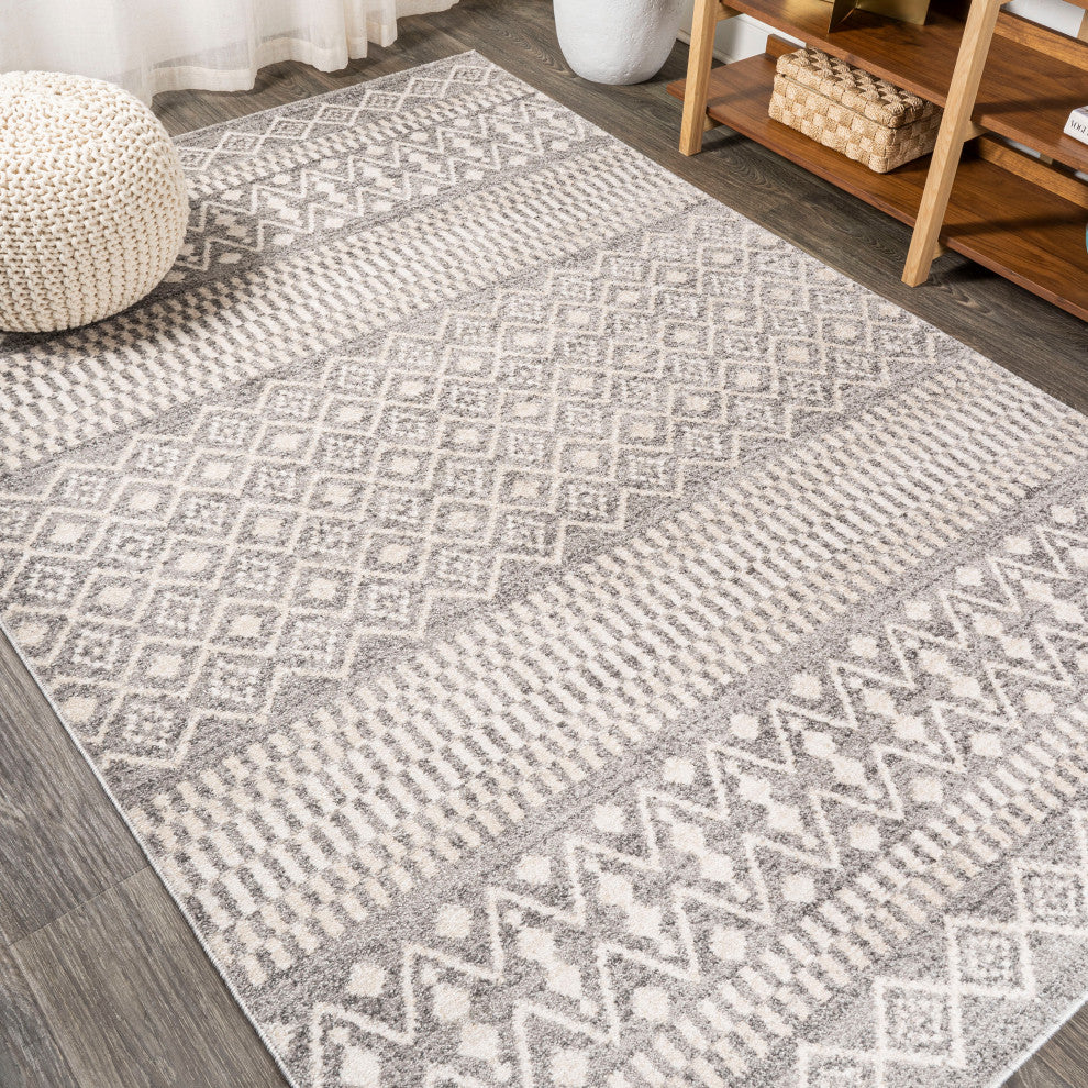 Ifrane Berber Geometric Stripe Runner Rug, Gray/Cream, 5x8