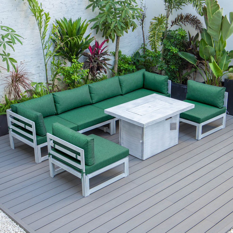LeisureMod Chelsea 7-Piece Gray Patio Sectional With Fire Pit Table, Green