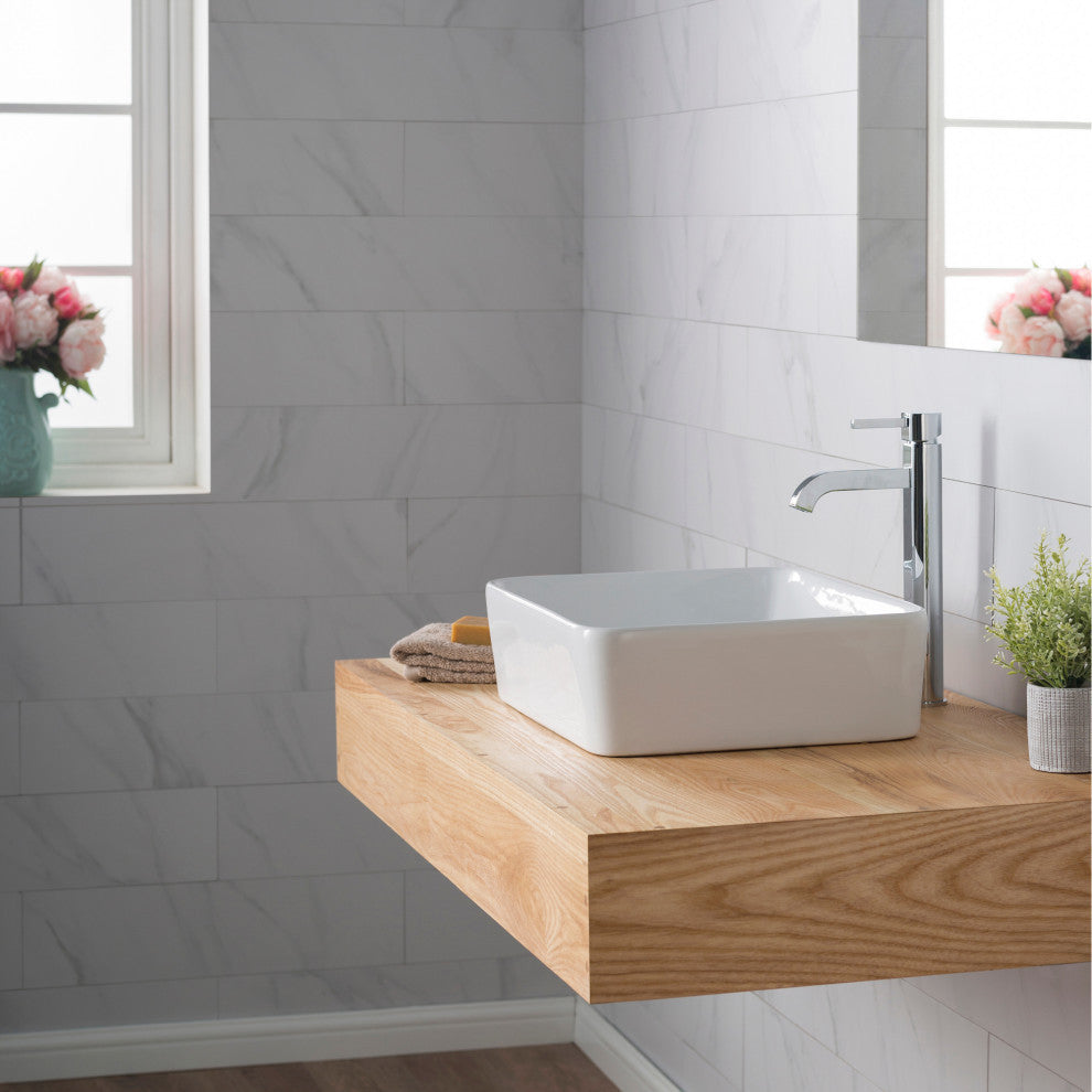 Elavo Square Ceramic Vessel Sink, Bathroom Ramus Faucet, PU Drain, Chrome