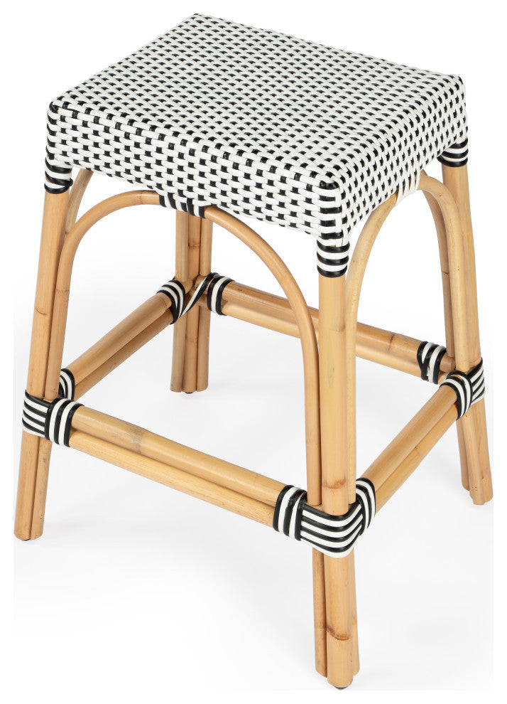 Robias Rectangular Rattan 24.5" Counter Stool, Black and White