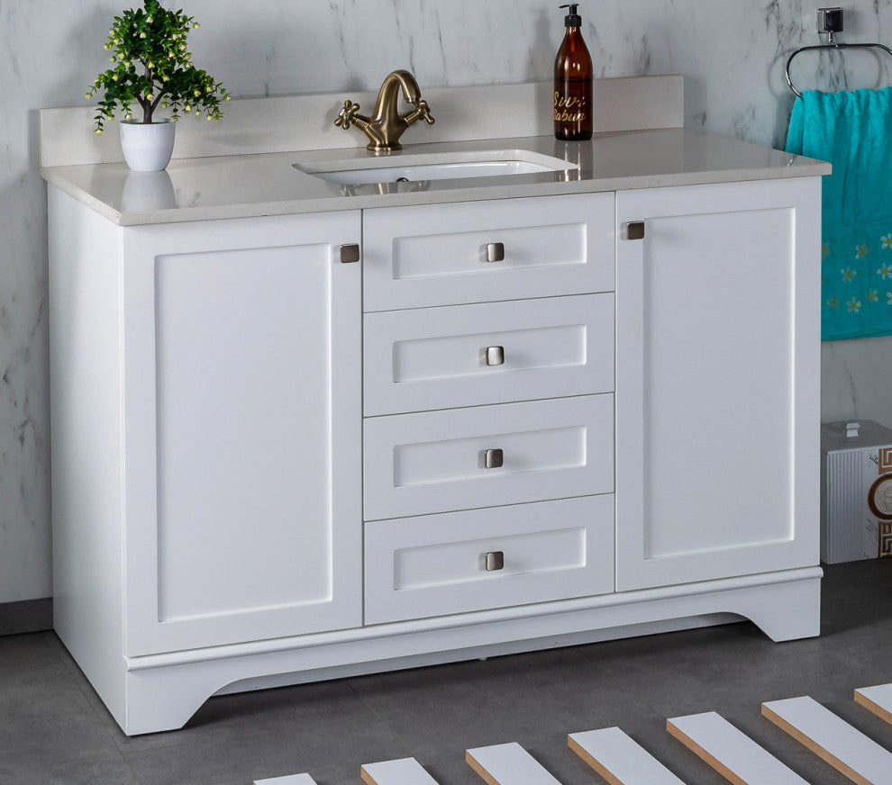 Livia Collection 48" Bath Vanity Quartz Top and Ceramic Sink, White, 48"