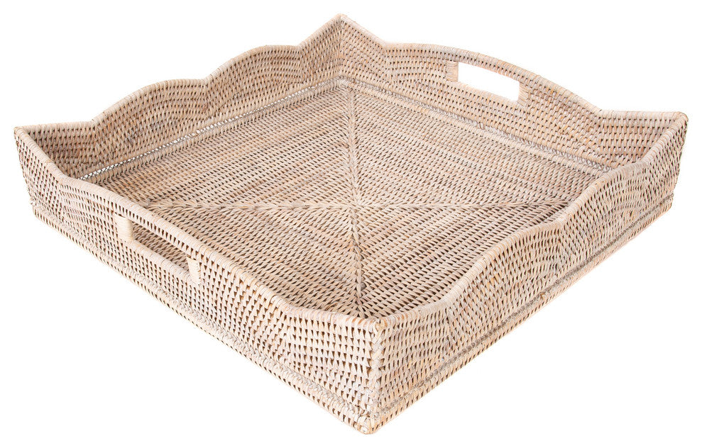 Artifacts Rattan™ Scallop Collection Square Tray With Cutout Handles, White Wash, 20"x20"x4.5"
