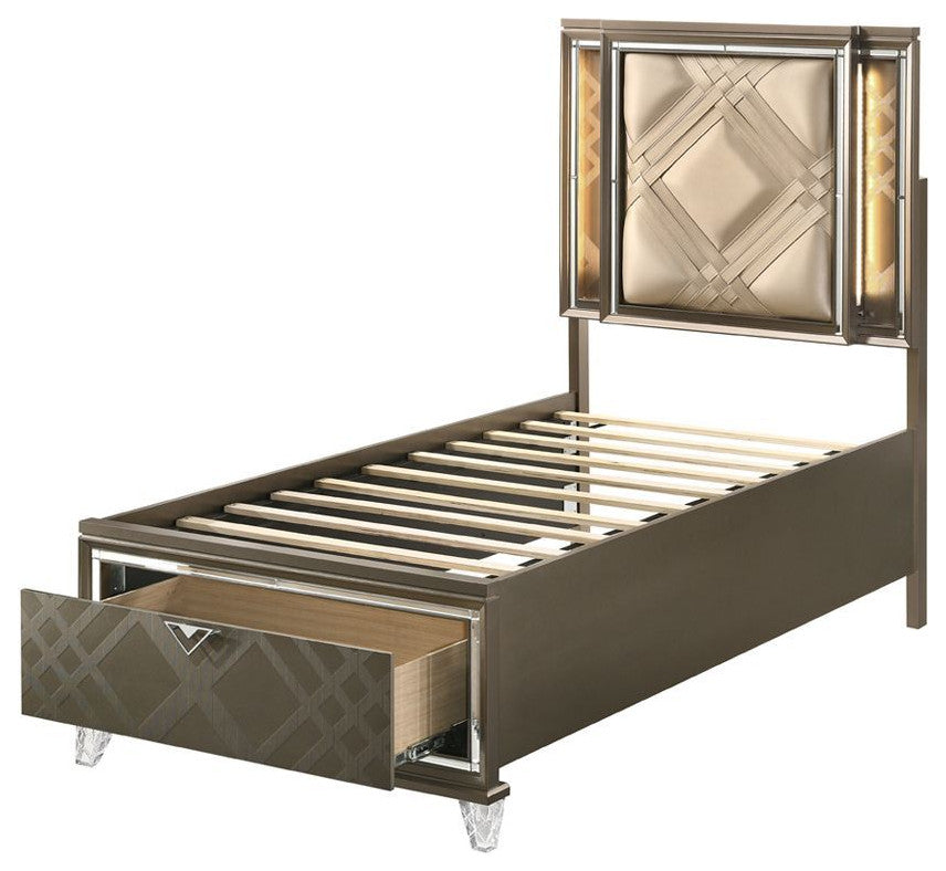 ACME Skylar Full Bed With Storage, LED, PU and Dark Champagne