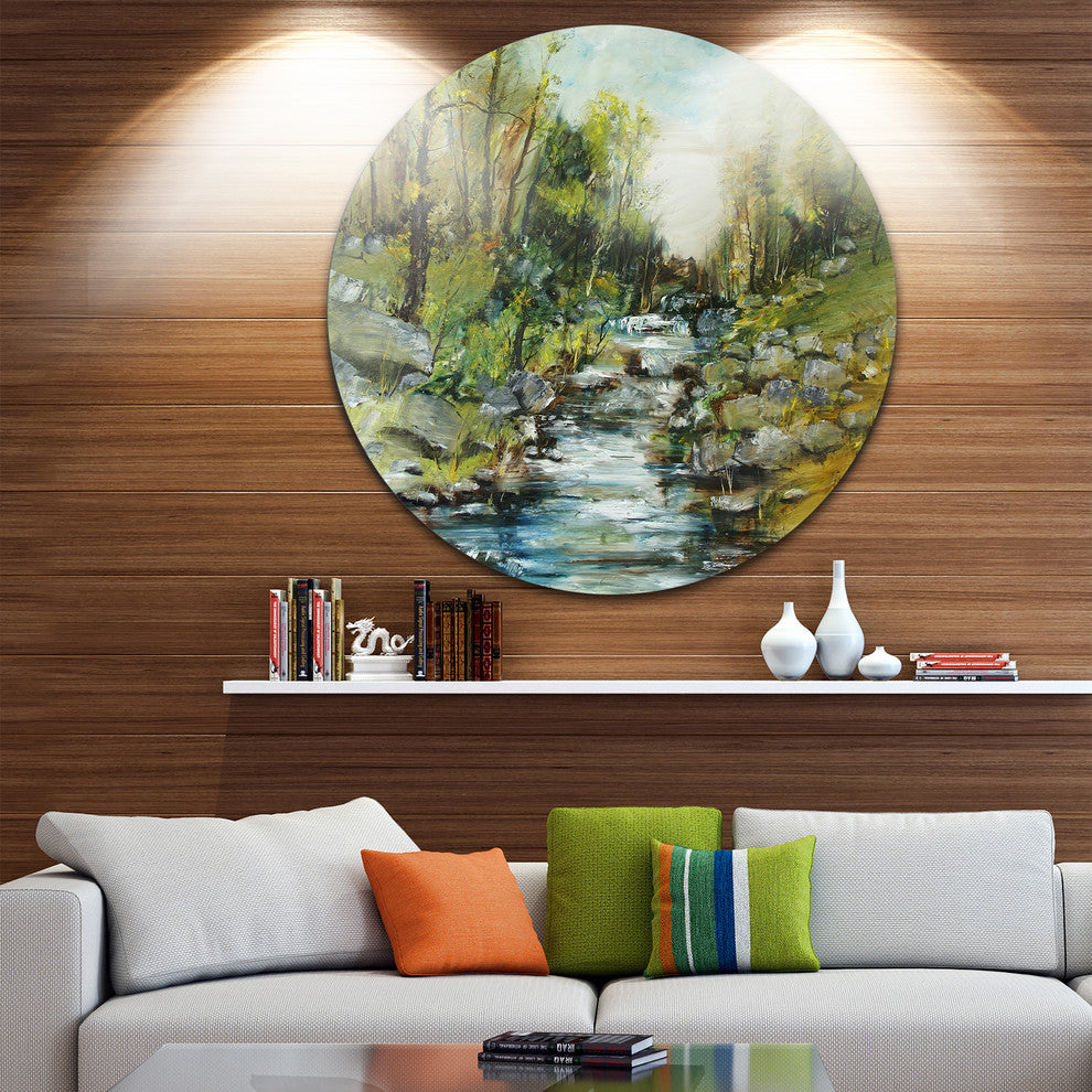 Rocky Terrain With Creek, Landscape Painting Disc Metal Wall Art, 11"