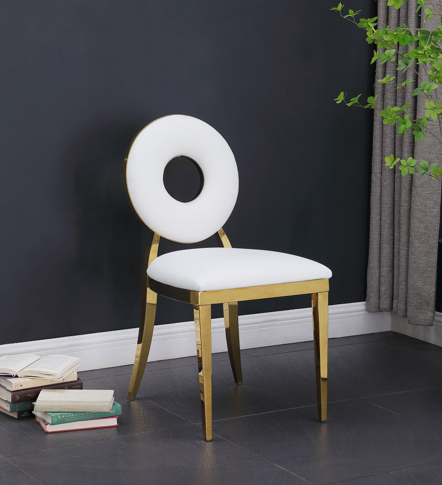 Carousel Upholstered Dining Chair, Set of 2, White Vegan Leather, Gold Finish