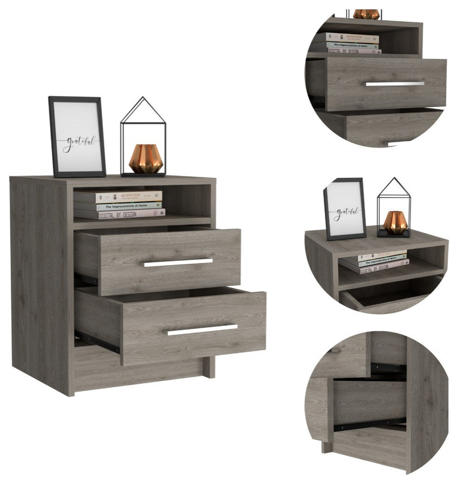 Light Grey Open Compartment Two Drawer Nightstand