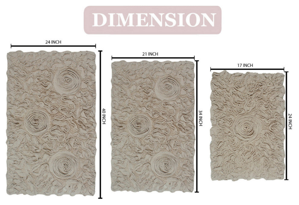 Modesto Collection 100% Cotton Machine Washable Bath Rug, 3-Piece Set, Linen