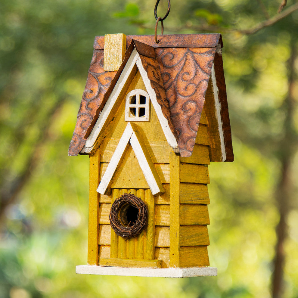 12"H Retro Distressed Solid Wood Cottage Birdhouse