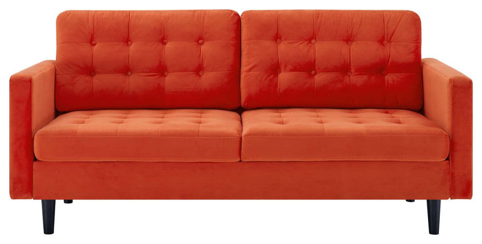 Tufted Sofa, Velvet, Orange, Modern, Living Lounge Room Hotel Lobby Hospitality