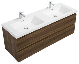 Aurora Wall Mount Vanity, White Acrylic Top, Smokey Walnut, 60" Double
