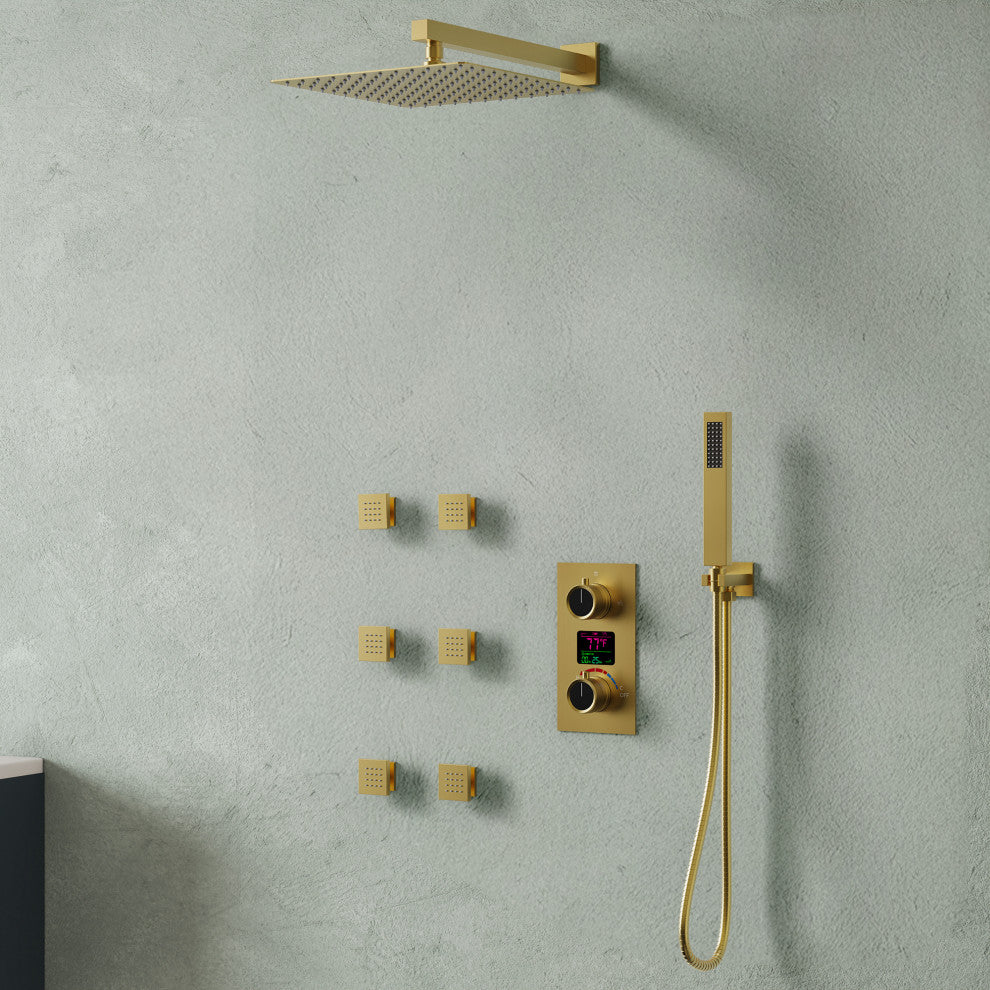 LED Temperature Digital Display Shower System With Body Jets, Brushed Gold, 12 Inches