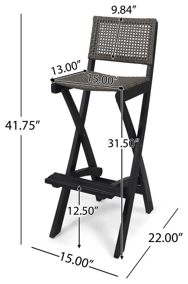 Elizabeth Outdoor 26" Square 5-Piece Wood and Wicker Bar Height Set, Dark Gray