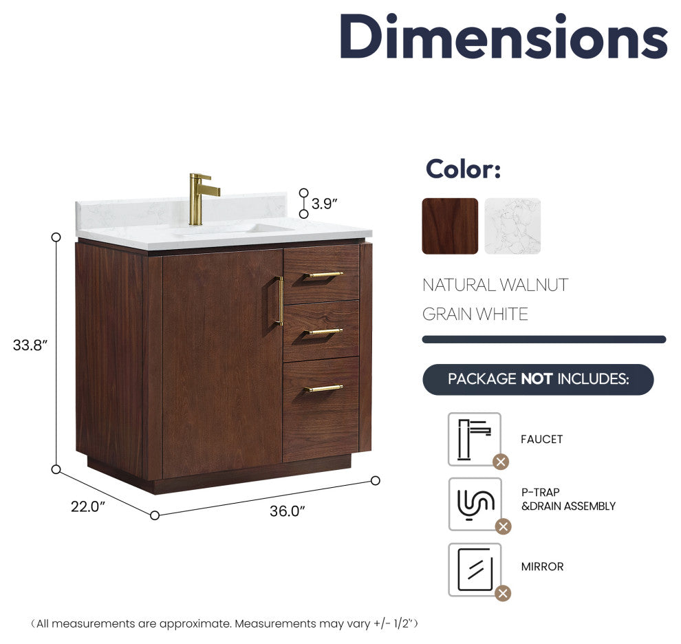 San Bath Vanity with Stone Top, Natural Walnut, 36", Single Vanity, No Mirror