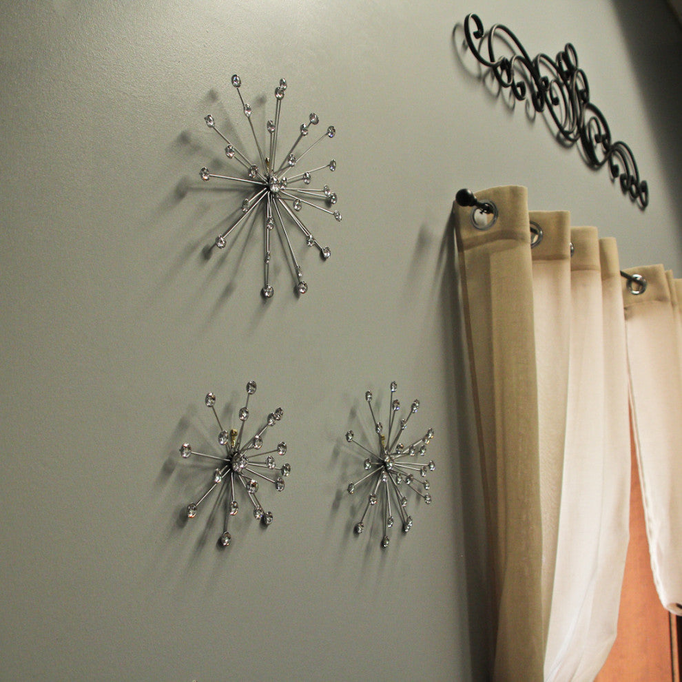 Set of 6 Unique Silver Bursting Star Metal Wall Sculptures with Jeweled Points