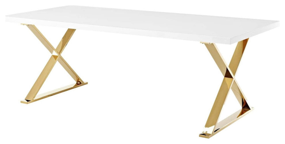 Elegant Dining Table with Gold Stainless Steel X-Base for Modern Homes, White/Gold