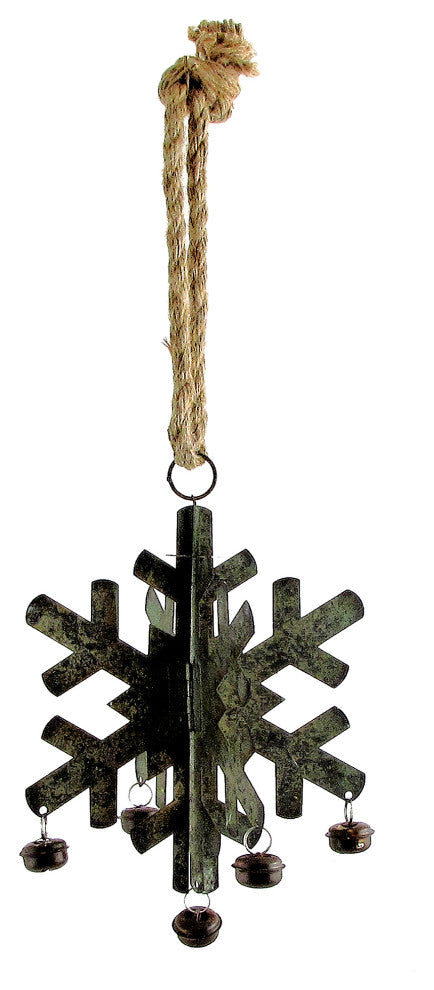 Hanging Galvanized Folding Snowflakes With Bells, Set of 6