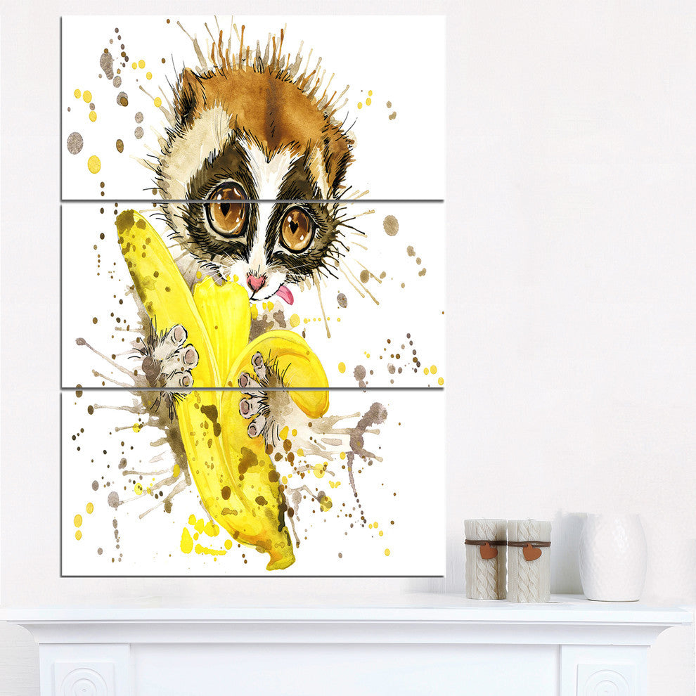 "Lemur Eating Banana Graphics Art" Metal Wall Art, 3 Panels, 28"x36"