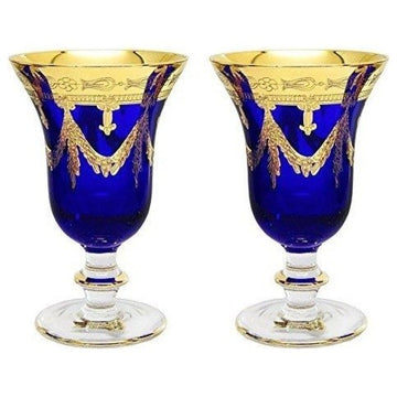Interglass Italy Set of 2 Crystal Glasses, 24K Gold-Plated (Wine Goblets, Blue)