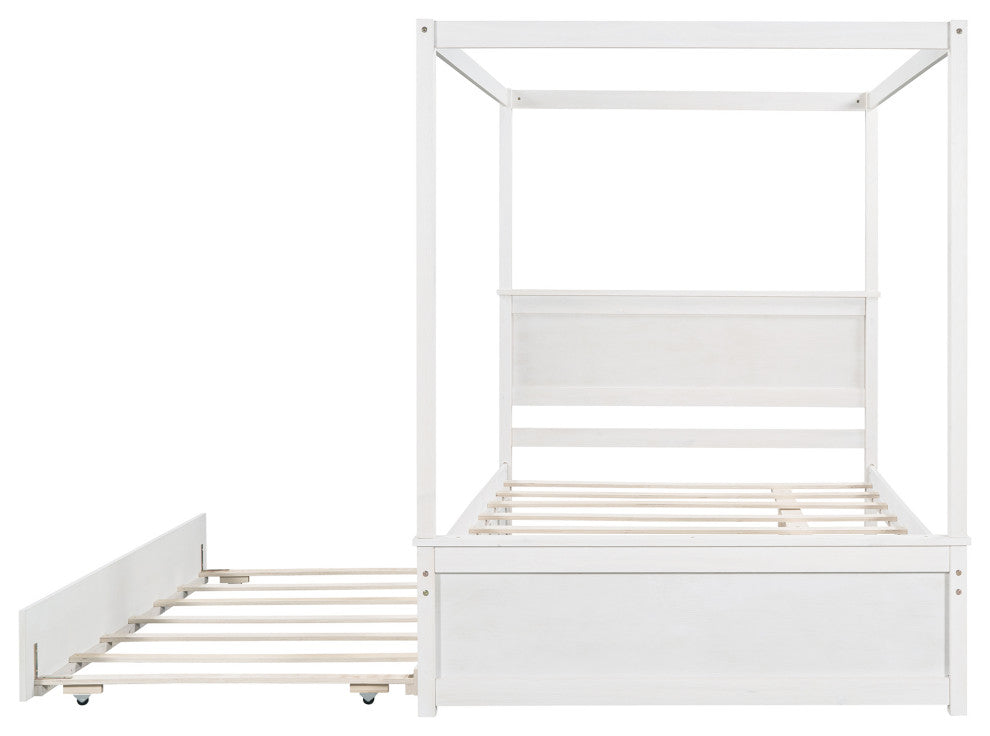 Full Wood Frame Canopy Platform bed with Trundle Bed, White, Full
