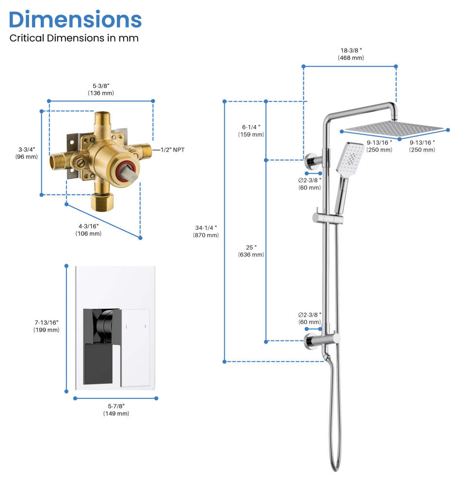 Cube 2-Function Shower Column, Rough, Valve, Chrome