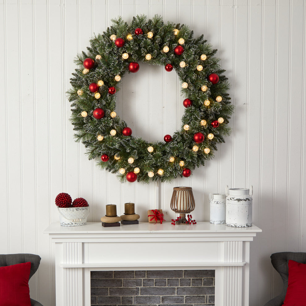 4' Oversized Pre-Lit Frosted Christmas Wreath w/ Ornaments & 40 LED Globe Lights