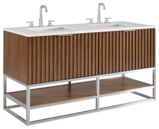Terra Bathroom Vanity, Walnut/Brushed Nickel, 60", Calacatta Quartz Top