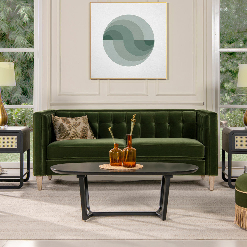 James 74" Modern Tufted Tuxedo Sofa, Olive Green Performance Velvet