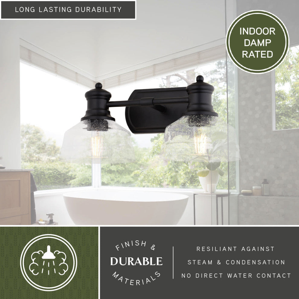 Beloit 2 Light Black Farmhouse Bathroom Vanity Fixture Clear Seeded Glass