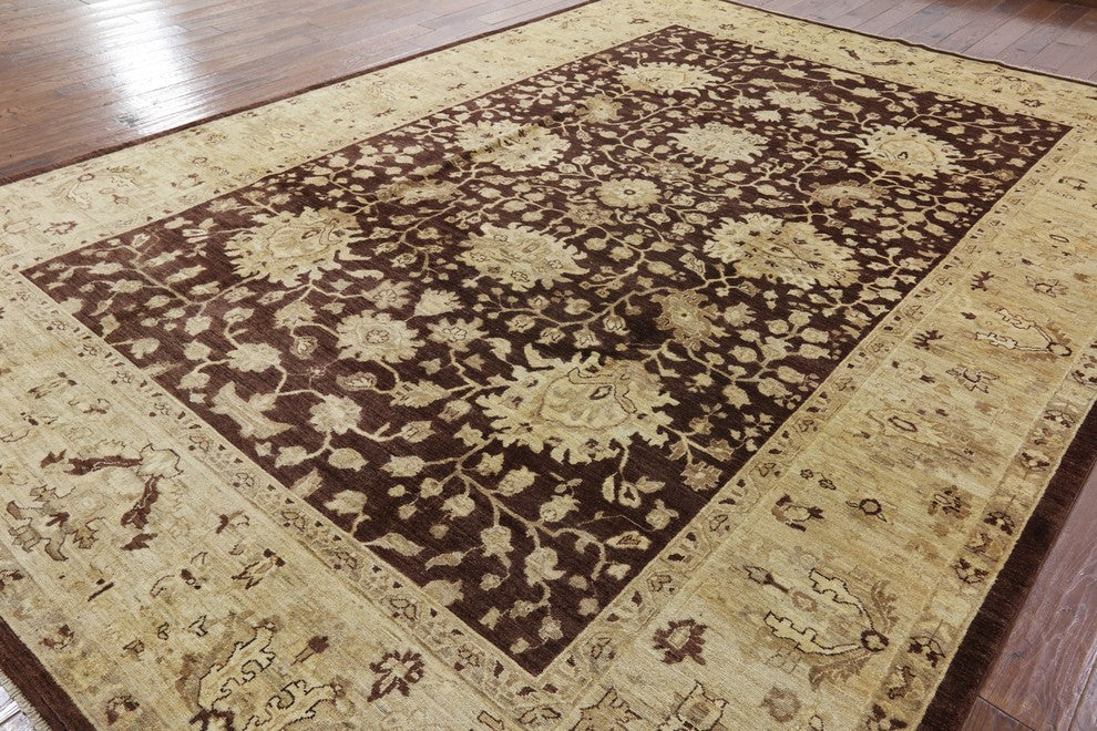 Oushak Style Hand-Knotted Brown Chobi Peshawar Oriental Wool Rug, 10'x14'