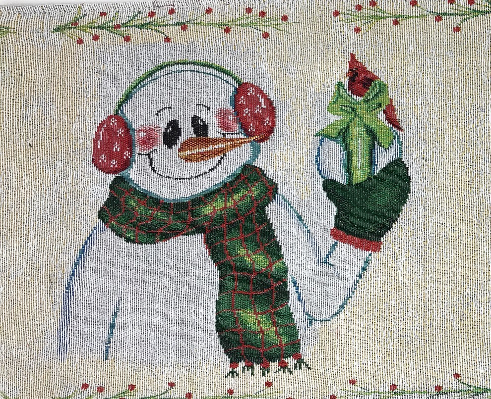 Magical Snowman Table Runner, Festive Holiday White Tapestry, 13" X 90"